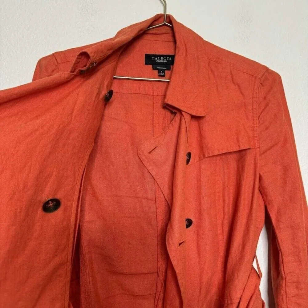Talbots Orange Irish Linen Trench Coat Button Belted Summer Spring Jacket Sz 4P - Picture 4 of 14